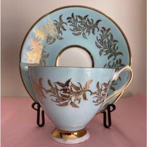 Vtg Stratford Bone China Teacup and Saucer in Pale Blue with Gold Detailing